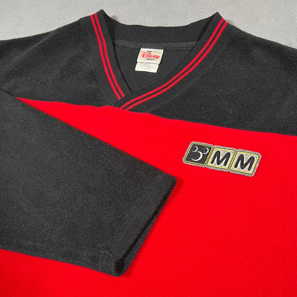 VTG Mickey Mouse Sweater Men L Red Black V Neck Fleece Pullover Disney Store BMM